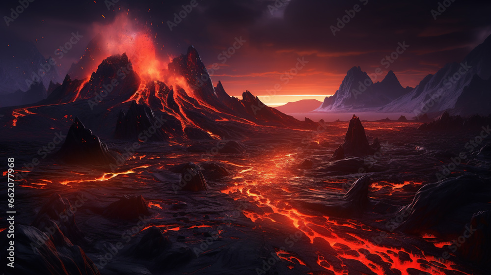 Lava flowing near volcano at night, glowing molten rocks, dramatic volcanic landscape