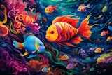 Underwater. Colorful fishes swim deep in the ocean. Generative AI