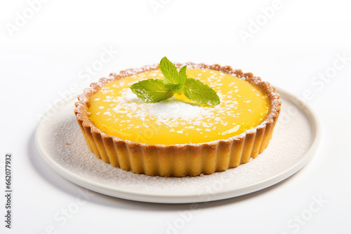 Lemon tart with powdered sugar, dessert concept, isolated on a white background	