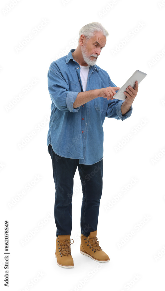 Senior man using tablet on white background Senior man using tablet on white background