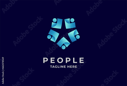 People logo design. five people forming a star inside negative space. Community  human Logo template element. vector illustration