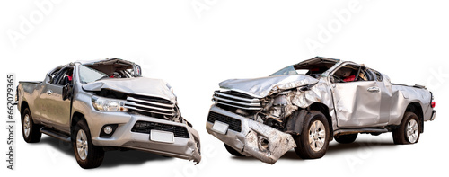 PNG format. Set of Back and side view of gray or bronze pickup car get damaged by accident on the road. damaged cars after collision. isolated on transparent background