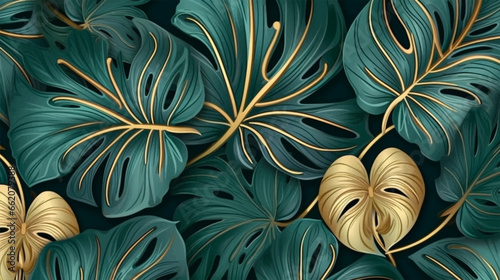 Luxury gold and nature green background vector. Floral pattern, Golden with monstera plant arts, vector illustration. Hand drawn design for fabric , print, cover, banner, invitation, wedding, RSVP