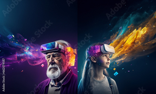 The world asks for technology. In headsets, virtual reality glasses of people of different ages touch the projection screen with effects in the futuristic 3D world. photo