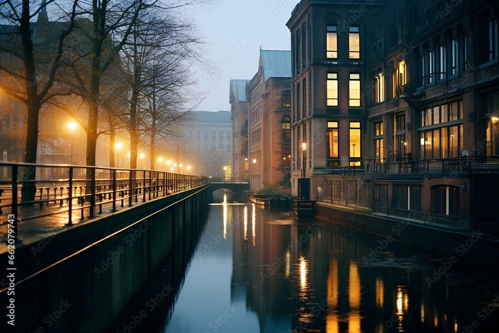 Buildings and Canal during Nighttime. generative AI