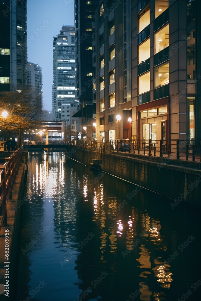 Osaka, Japan Buildings and Canal during Nighttime. generative AI