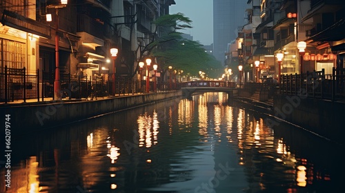 China Buildings and Canal during Nighttime. generative AI