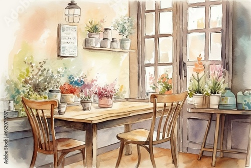 Illustration of a cozy cafe interior with chairs  table  and flowers in watercolor on white. Generative AI