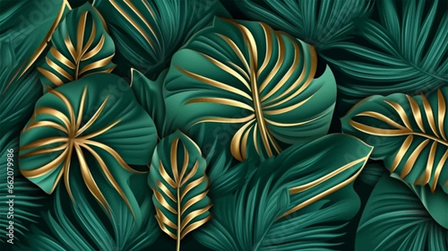 Luxury gold and nature green background vector. Floral pattern, Golden with monstera plant arts, vector illustration. Hand drawn design for fabric , print, cover, banner, invitation, wedding, RSVP