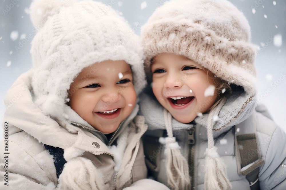 Winter's Delight: Adorable Toddlers Playing, Laughing, and Smiling in the Snow Winter's Delight: Adorable Toddlers Playing, Laughing, and Smiling in the Snow