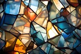 Artistic arrangement of stained glass shards backlit by sunlight