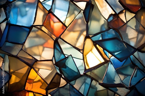 Artistic arrangement of stained glass shards backlit by sunlight