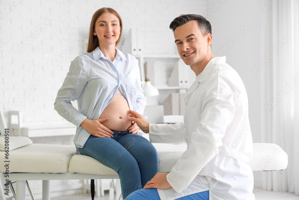Fototapeta premium Young pregnant woman visiting doctor in clinic