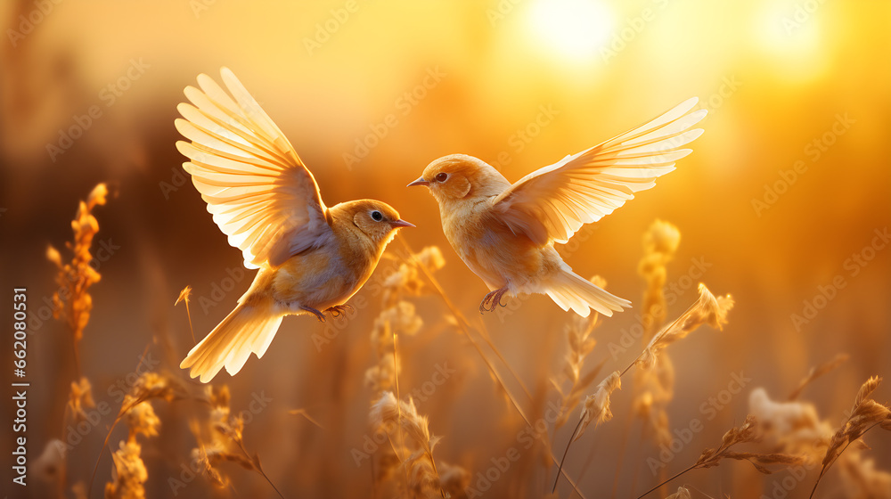 Obraz premium Golden Sunset, Ethereal Wheatfield with Two Birds - Love and Friendship in Warm Summer Glow