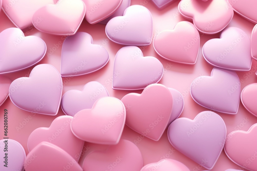 Background with colorful hearts, pink love hearts on Valentine wallpaper. 3D rendering. Generative AI