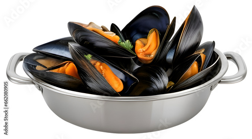Steamed mussels isolated on transparent background. Generative AI 