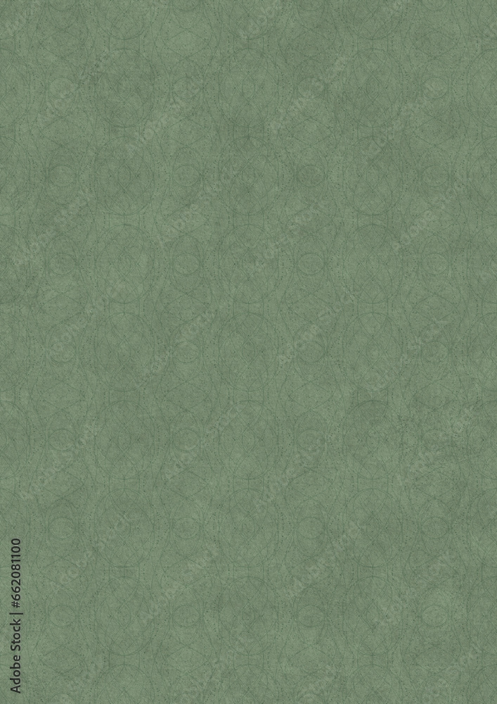 Fototapeta premium Hand-drawn unique abstract symmetrical seamless ornament. Dark semi transparent green on a light warm green background color. Paper texture. A4. (pattern: p10-2f)