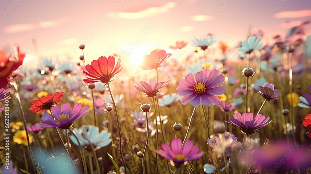 Colorful flower meadow with sunbeams and bokeh lights in summer. nature background banner. summer greeting card wildflowers spring concept