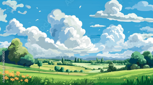 Beautiful summer anime seasonal landscape with hills and mountain, sky and clouds. Anime cartoon style. Background design vector illustration. photo