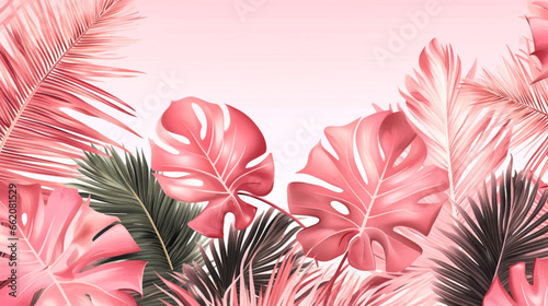 Flat lay pink and green leaves background for cosmetic product, branding and presentation. Vector Illustration.