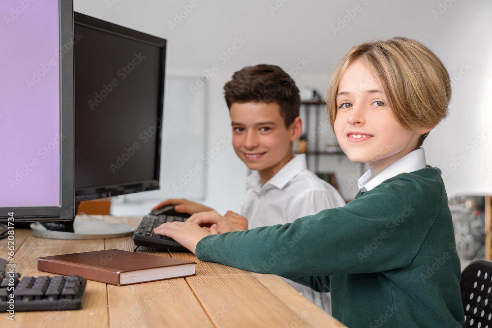Little boys studying at school computer lab