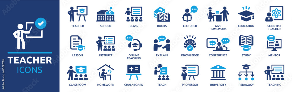 Teacher icon set. Containing lesson, class, school, teaching, mentor, professor, education, books, instruct, knowledge and pedagogy. Vector solid symbol collection.