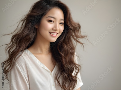 Asian woman smiling in a studio 
