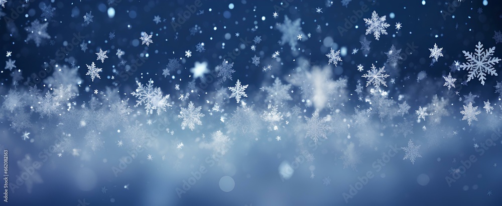 A dynamic display of snowflakes spiraling in the night breeze, with a tapestry of bright white bokeh against a navy blue canvas. generative AI A dynamic display of snowflakes spiraling in the night breeze, with a tapestry of bright white bokeh against a navy blue canvas. generative AI