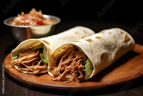 Buttery and gooey shredded pork folded in a tortilla. Generative AI photo