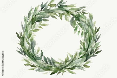 Abstract watercolor wreath with bay leaves  ideal for wedding invitation and save the date cards. Generative AI