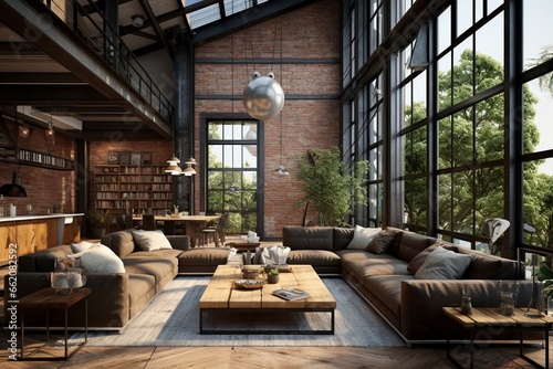 Industrial loft living room interior. Generative AI