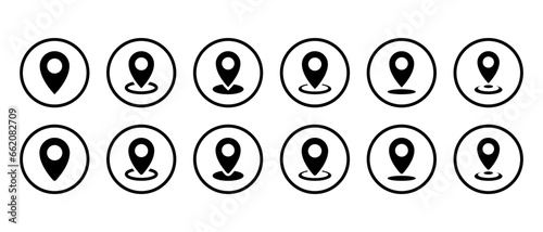 Map pin location icon set collection in circle line. Address position sign symbol