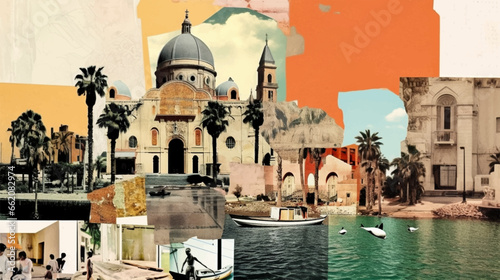 Abstract vintage classic places activity collage photography modern art on paper. Vector Illustration.