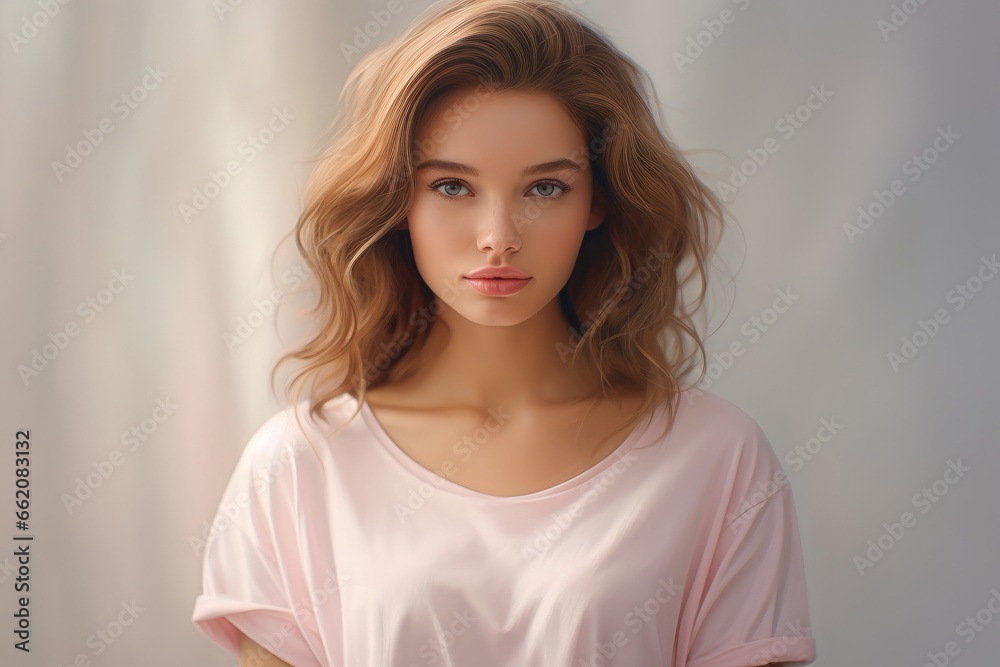 Fototapeta premium A woman in a pink shirt posing for a picture