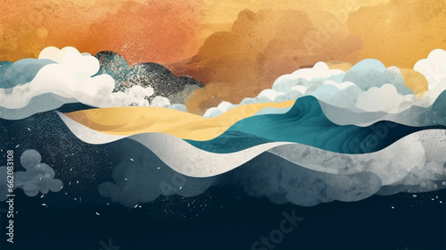 Abstract japanese and chinese style with Ocean wave, sun and clouds abstract art background. Blue and gold luxury wallpaper design for wall art and home decor, prints, cover and banner template vector