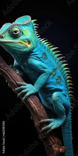 A colorful lizard perched on a branch in a natural setting