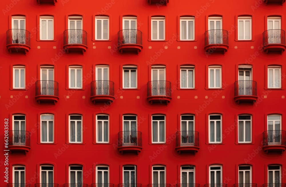 A vibrant red building with numerous windows and balconies
