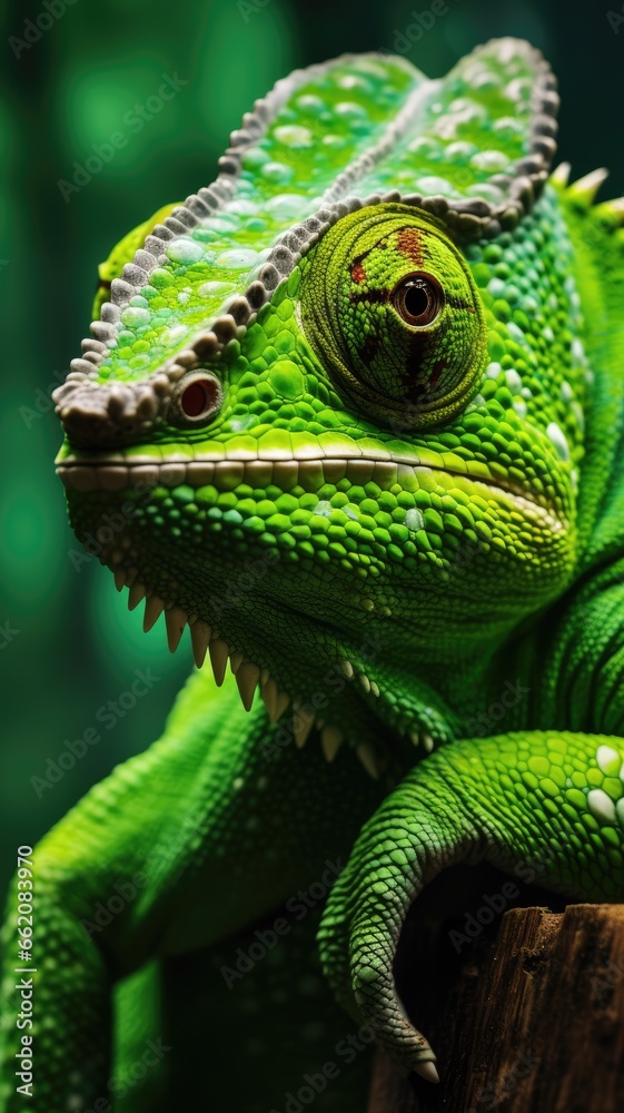 A camouflaged chameleon perched on a tree stump A camouflaged chameleon perched on a tree stump