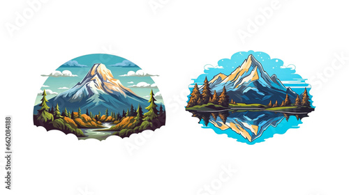 Mountain ridges iceberg tops and hills, cartoon rocky landscapes. Vector snowy alpine cliffs, climbing and hiking sport symbols. China and Japan mounts, ice volcano craters.