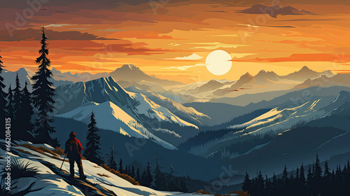 Creative illustration of a hiker in the mountains in the evening with the sun going down