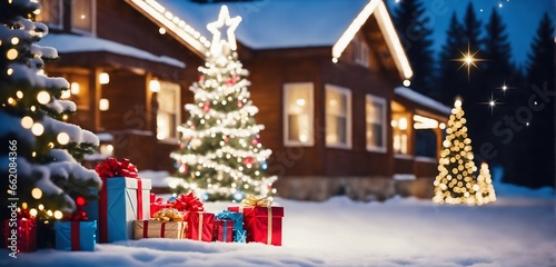 Decorated christmas tree in the night with gifts in front of a snow covered house photo