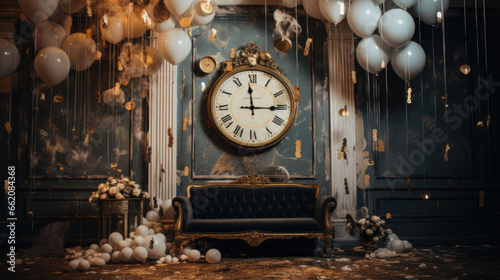 A rustic room with a leather couch in the middle and balloons around it and a clock in the middle. New Year's Eve countdown