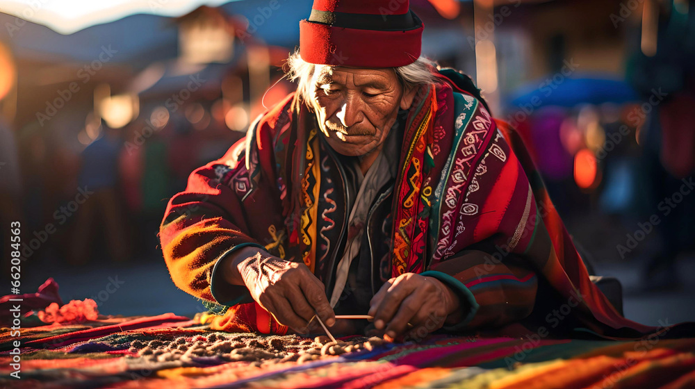 Bolivian indigenous man preparing his crafts and fabrics to sell at the fair in La Paz, Bolivia. Latin American culture and tradition, aboriginal customs - obrazy, fototapety, plakaty 
