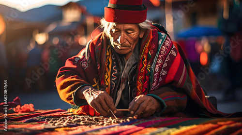 Bolivian indigenous man preparing his crafts and fabrics to sell at the fair in La Paz, Bolivia. Latin American culture and tradition, aboriginal customs photo