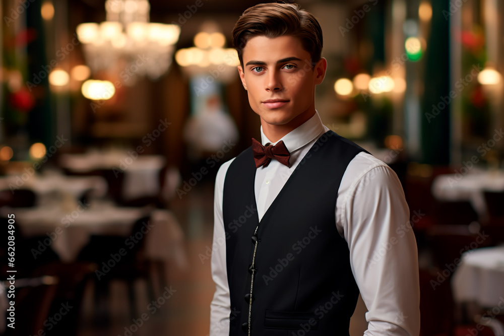 A handsome waiter with a European appearance in a nice suit on the background of a restaurant. A handsome waiter with a European appearance in a nice suit on the background of a restaurant.