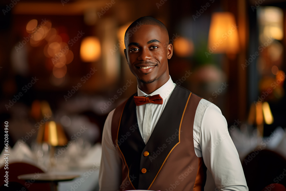 A handsome waiter with African appearance in a nice suit on a restaurant background. A handsome waiter with African appearance in a nice suit on a restaurant background.