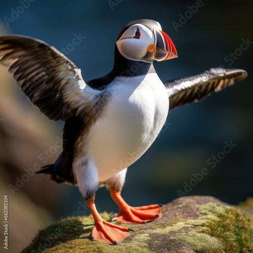 A fluffy bird perched on a rocky surface