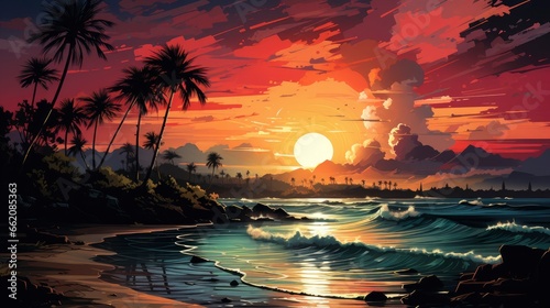 Hand Drawn Tropical Sunset Background, Background Image,Desktop Wallpaper Backgrounds, Hd