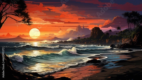 Hand Drawn Tropical Sunset Background , Background Image,Desktop Wallpaper Backgrounds, Hd
