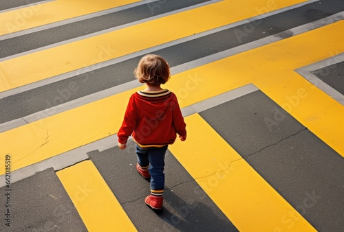 A young child safely crossing the street at a crosswalk